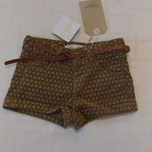 Zara Olive Green Belted Shorts with White Flowers